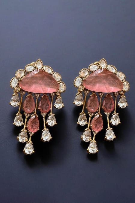 Amaara Jewels Coralline Drops Coral Peach & Clear Stone Drop Earrings 