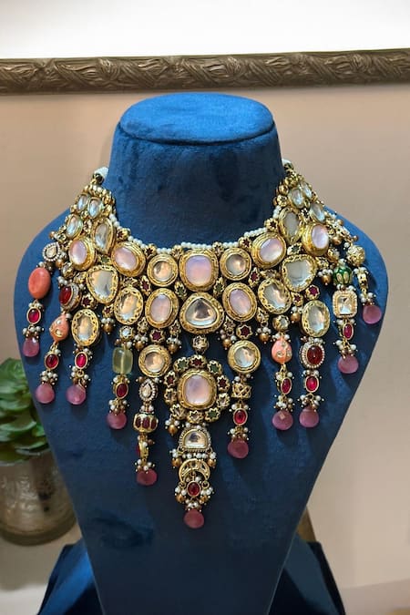 Shop_Amaara Jewels_Multi Color Stones, Pearls, Beads Gilded Sorbet Matte Embellished Necklace Set _Online_at_Aza_Fashions