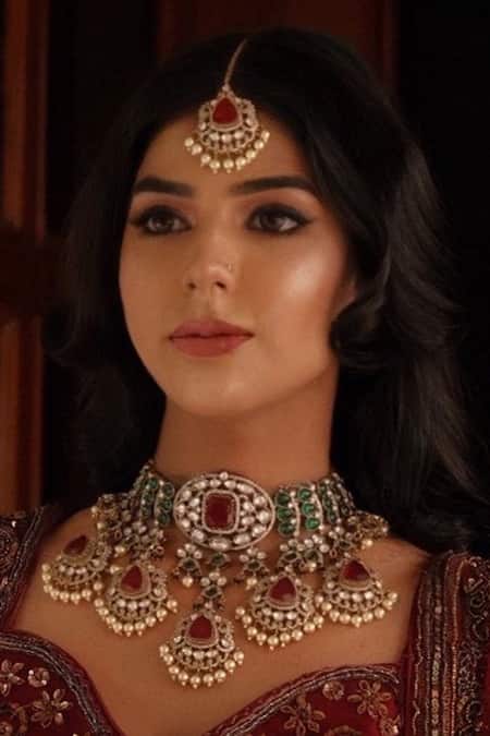 Buy_Amaara Jewels_Multi Color Gemstones, Pearls Crimson Rouge Embellished Necklace Set _Online_at_Aza_Fashions