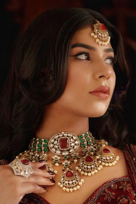 Amaara Jewels_Multi Color Gemstones, Pearls Crimson Rouge Embellished Necklace Set _at_Aza_Fashions