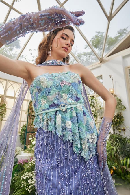 Buy_Baya_Lavender Tulle, Viscose, Net Beads, Sequins, Floral Corset Lehenga Set _Online_at_Aza_Fashions