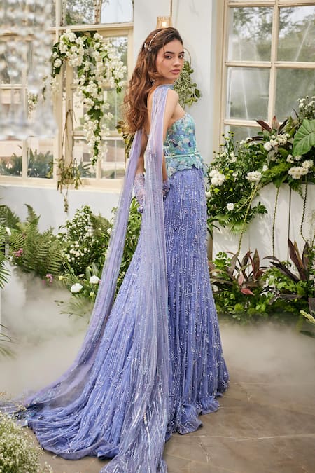 Shop_Baya_Lavender Tulle, Viscose, Net Beads, Sequins, Floral Corset Lehenga Set _Online_at_Aza_Fashions