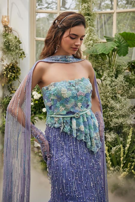 Baya_Lavender Tulle, Viscose, Net Beads, Sequins, Floral Corset Lehenga Set _at_Aza_Fashions
