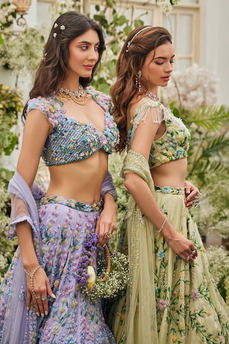 Shop_Baya_Lavender Viscose Embroidery, Sequins, Beads Sweetheart Floral And Lehenga Set _Online_at_Aza_Fashions