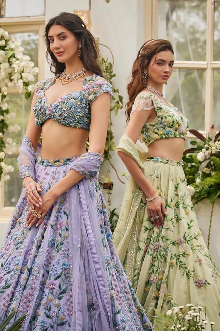 Buy_Baya_Lavender Viscose Embroidery, Sequins, Beads Sweetheart Floral And Lehenga Set 