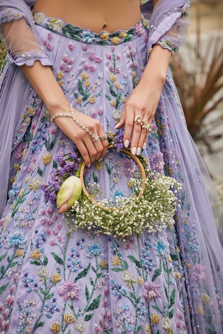 Shop_Baya_Lavender Viscose Embroidery, Sequins, Beads Sweetheart Floral And Lehenga Set 