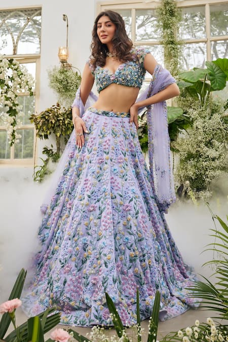 Baya Lavender Viscose Embroidery, Sequins, Beads Sweetheart Floral And Lehenga Set 