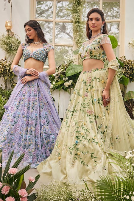 Buy_Baya_Lime Viscose Embroidery, Sequins, Beads, Floral Lehenga Blouse And Dupatta Set _Online_at_Aza_Fashions