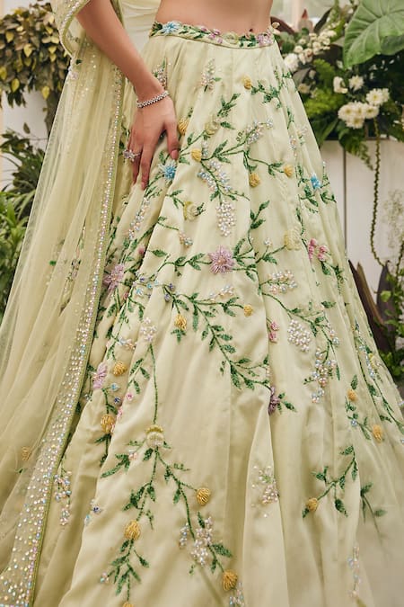 Shop_Baya_Lime Viscose Embroidery, Sequins, Beads, Floral Lehenga Blouse And Dupatta Set _Online_at_Aza_Fashions