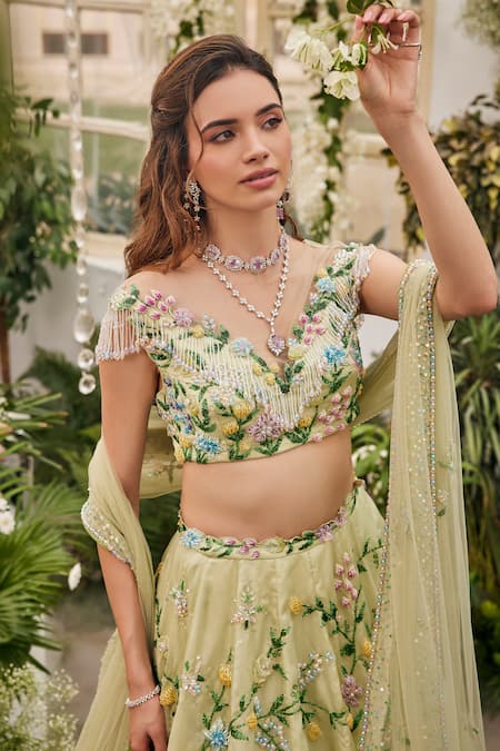 Baya_Lime Viscose Embroidery, Sequins, Beads, Floral Lehenga Blouse And Dupatta Set _at_Aza_Fashions