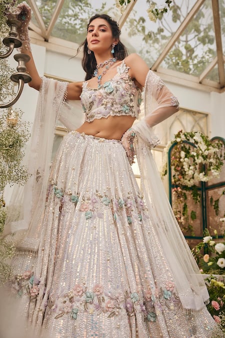 Buy_Baya_Ivory Viscose Embroidery, Beads, Sequins, Pearls 3d Floral And Lehenga Set _Online_at_Aza_Fashions