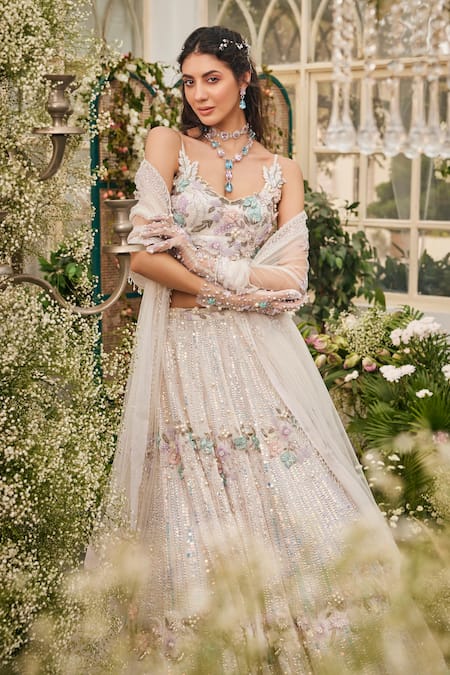 Shop_Baya_Ivory Viscose Embroidery, Beads, Sequins, Pearls 3d Floral And Lehenga Set _Online_at_Aza_Fashions