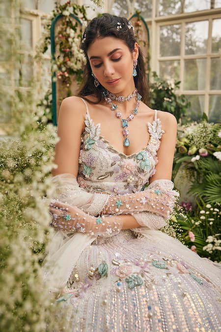 Baya_Ivory Viscose Embroidery, Beads, Sequins, Pearls 3d Floral And Lehenga Set _at_Aza_Fashions