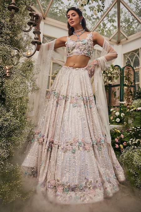 Baya Ivory Viscose Embroidery, Beads, Sequins, Pearls 3d Floral And Lehenga Set 