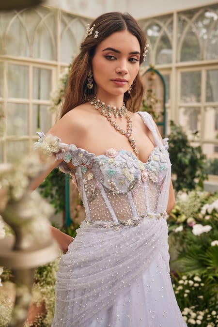 Buy_Baya_Blue Viscose Embroidery, Beads, Sequins, Pearls Floral Off-shoulder Gown _Online_at_Aza_Fashions