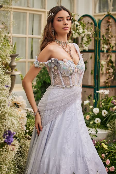 Shop_Baya_Blue Viscose Embroidery, Beads, Sequins, Pearls Floral Off-shoulder Gown _Online_at_Aza_Fashions