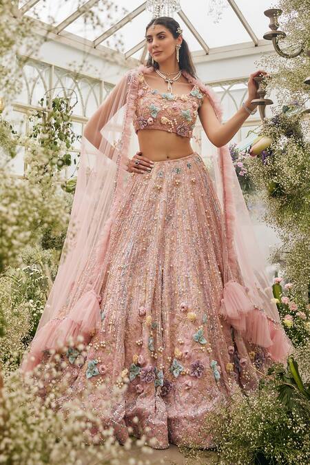 Baya Blush Viscose Sequins, Beads, Embroidery, 3d Floral Applique And Lehenga Set 