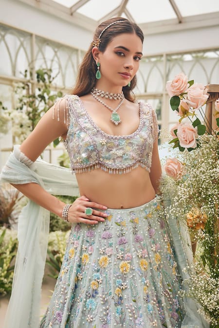 Buy_Baya_Mint Viscose Embroidery, Pearls, Sequins, Beads, 3d Floral And Lehenga Set _Online_at_Aza_Fashions