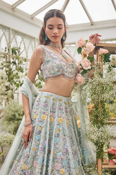 Baya_Mint Viscose Embroidery, Pearls, Sequins, Beads, 3d Floral And Lehenga Set _at_Aza_Fashions