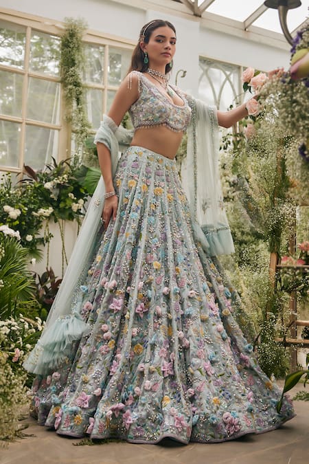 Buy_Baya_Mint Viscose Embroidery, Pearls, Sequins, Beads, 3d Floral And Lehenga Set 