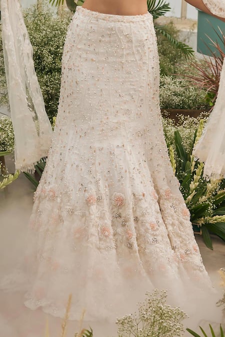 Buy_Baya_Ivory Viscose Beads, Sequins, Pearls, Embroidery, Applique, And Hand Lehenga Set _Online_at_Aza_Fashions