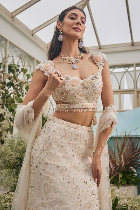 Shop_Baya_Ivory Viscose Beads, Sequins, Pearls, Embroidery, Applique, And Hand Lehenga Set _Online_at_Aza_Fashions
