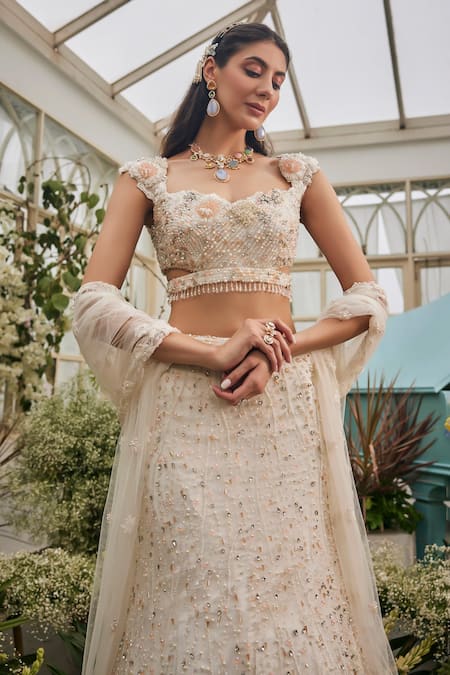 Baya_Ivory Viscose Beads, Sequins, Pearls, Embroidery, Applique, And Hand Lehenga Set _at_Aza_Fashions