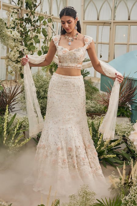 Buy_Baya_Ivory Viscose Beads, Sequins, Pearls, Embroidery, Applique, And Hand Lehenga Set 