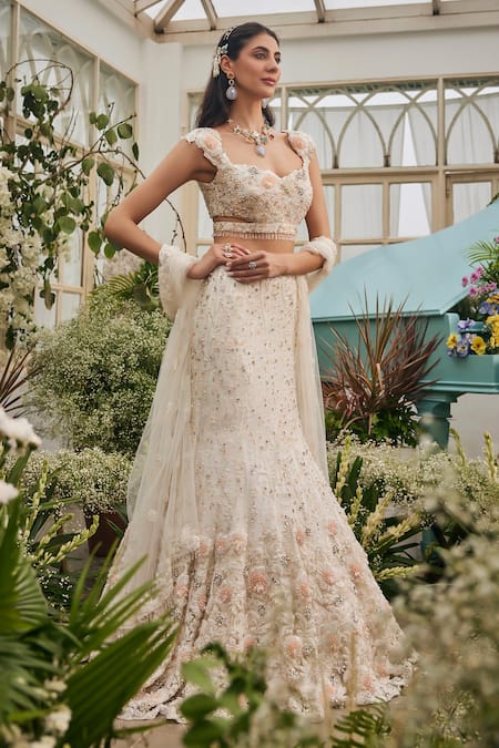 Shop_Baya_Ivory Viscose Beads, Sequins, Pearls, Embroidery, Applique, And Hand Lehenga Set 