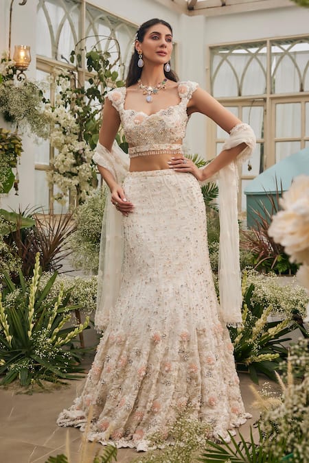 Baya Ivory Viscose Beads, Sequins, Pearls, Embroidery, Applique, And Hand Lehenga Set 