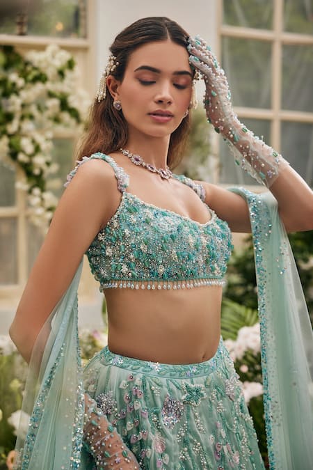 Buy_Baya_Aqua Viscose, Net Embroidery, Beads, Sequins, Pearls Floral Hand Lehenga Set _Online_at_Aza_Fashions