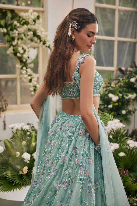 Shop_Baya_Aqua Viscose, Net Embroidery, Beads, Sequins, Pearls Floral Hand Lehenga Set _Online_at_Aza_Fashions
