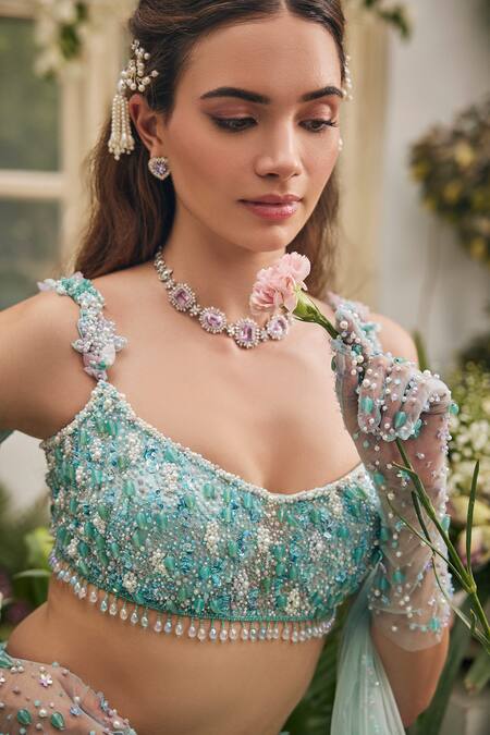 Baya_Aqua Viscose, Net Embroidery, Beads, Sequins, Pearls Floral Hand Lehenga Set _at_Aza_Fashions