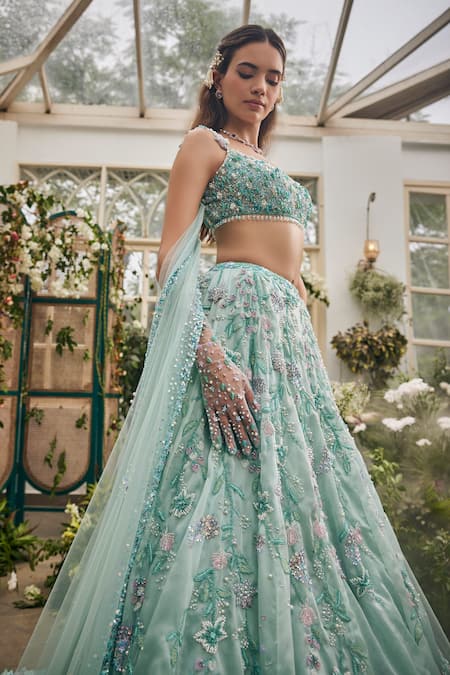 Buy_Baya_Aqua Viscose, Net Embroidery, Beads, Sequins, Pearls Floral Hand Lehenga Set 