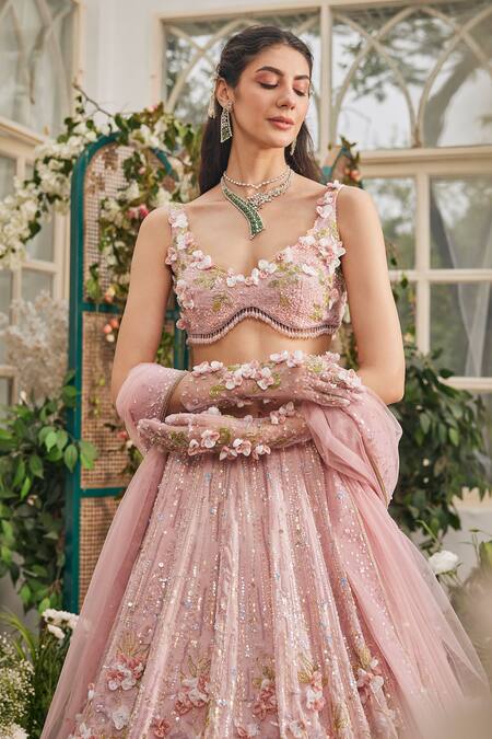 Buy_Baya_Blush Viscose, Net Embroidery, Applique, Sequins, 3d Floral And Lehenga Set _Online_at_Aza_Fashions