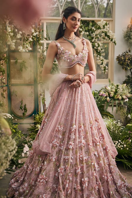Baya_Blush Viscose, Net Embroidery, Applique, Sequins, 3d Floral And Lehenga Set _at_Aza_Fashions