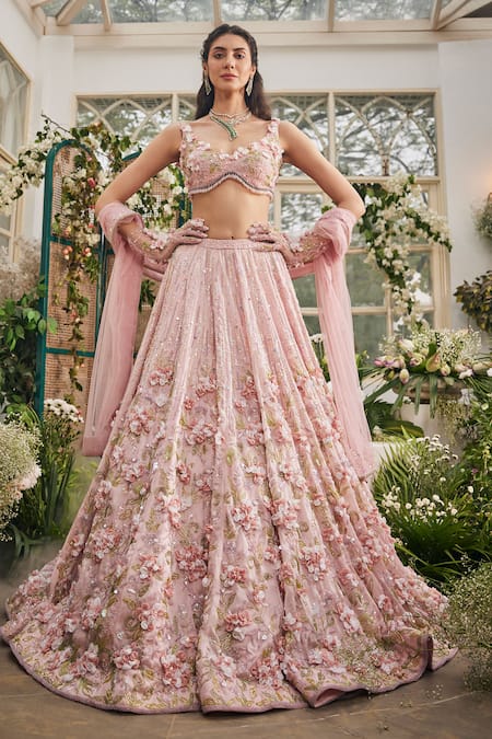 Baya Blush Viscose, Net Embroidery, Applique, Sequins, 3d Floral And Lehenga Set 