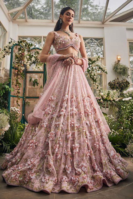 Shop_Baya_Blush Viscose, Net Embroidery, Applique, Sequins, 3d Floral And Lehenga Set 