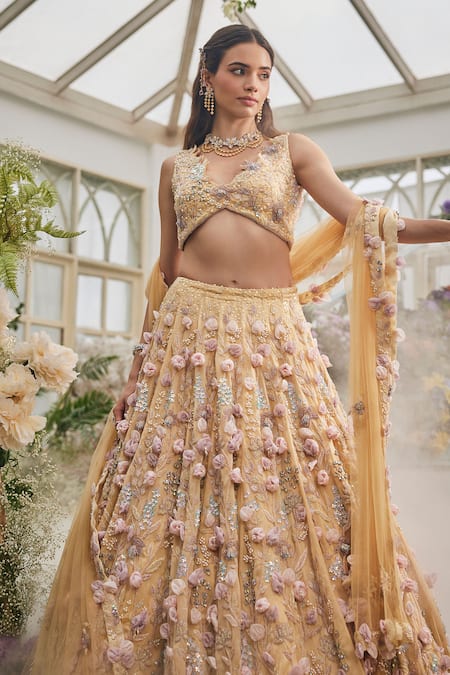 Buy_Baya_Yellow Viscose Embroidery, Pearls, Sequins, Beads 3d Floral Lehenga Set _Online_at_Aza_Fashions
