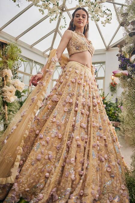 Shop_Baya_Yellow Viscose Embroidery, Pearls, Sequins, Beads 3d Floral Lehenga Set _Online_at_Aza_Fashions