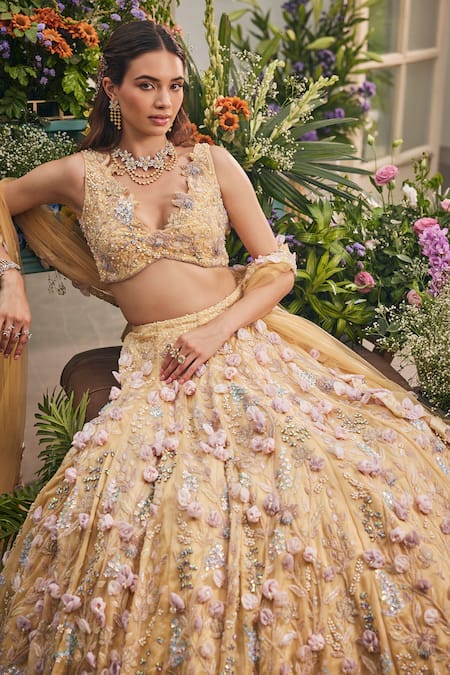 Buy_Baya_Yellow Viscose Embroidery, Pearls, Sequins, Beads 3d Floral Lehenga Set 