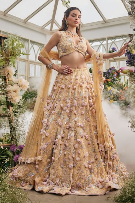 Baya Yellow Viscose Embroidery, Pearls, Sequins, Beads 3d Floral Lehenga Set 