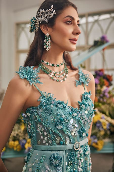 Buy_Baya_Aqua Viscose Embroidery, Sequins, Beads, Applique, Floral Gown With Veil _Online_at_Aza_Fashions