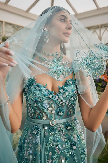 Shop_Baya_Aqua Viscose Embroidery, Sequins, Beads, Applique, Floral Gown With Veil _Online_at_Aza_Fashions