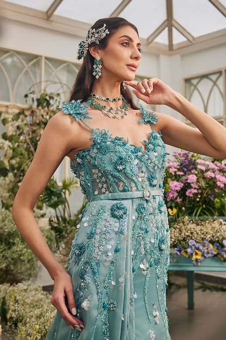 Baya_Aqua Viscose Embroidery, Sequins, Beads, Applique, Floral Gown With Veil _at_Aza_Fashions
