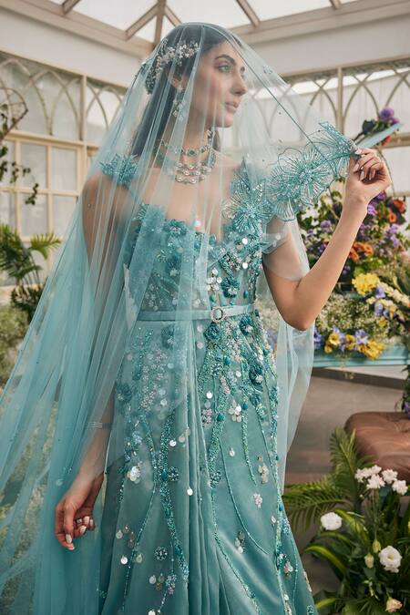 Buy_Baya_Aqua Viscose Embroidery, Sequins, Beads, Applique, Floral Gown With Veil 
