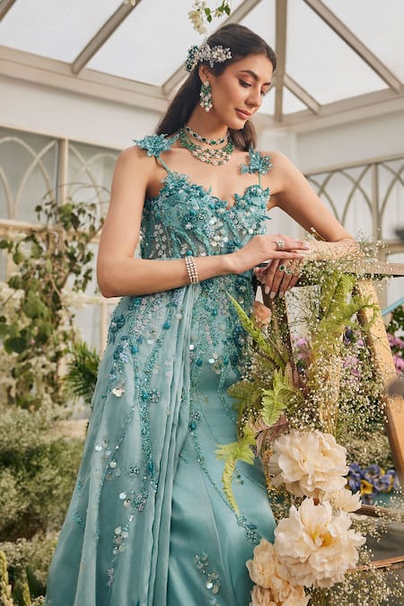 Shop_Baya_Aqua Viscose Embroidery, Sequins, Beads, Applique, Floral Gown With Veil 