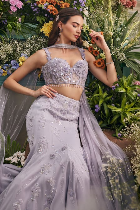 Shop_Baya_Lavender Viscose Embroidery, 3d Floral Applique Corset And Mermaid Skirt Set _Online_at_Aza_Fashions