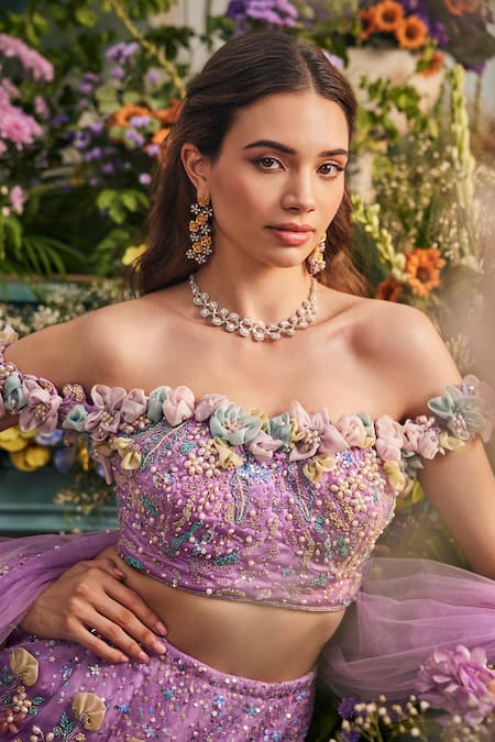 Buy_Baya_Lavender Viscose, Net Embroidery, Sequins, Pearls, Floral Mermaid Lehenga Set _Online_at_Aza_Fashions