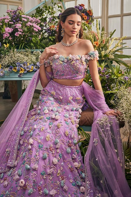 Baya_Lavender Viscose, Net Embroidery, Sequins, Pearls, Floral Mermaid Lehenga Set _at_Aza_Fashions